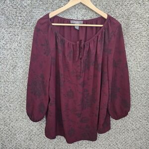 Olivia & Martin Top Womens Plus 1X Burgundy Peasant‎ Blouse Neck Tie Casual